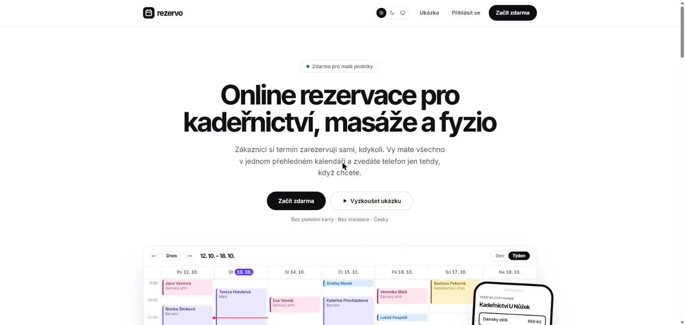 Úvodní stránka rezervačního systému Rezervo s týdenním kalendářem